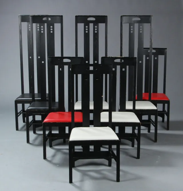 Charles Rennie Mackintosh. Otte Ingram Chair / spisestole, model Lowback og Highback (8)