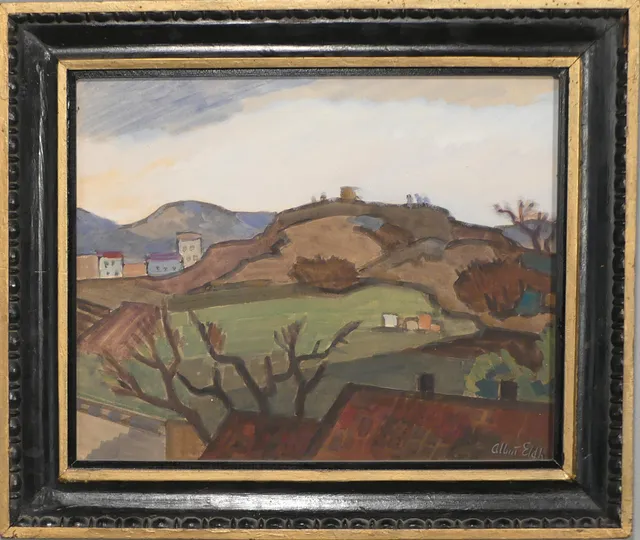 ALBERT ELDH. Landskap, blandteknik, signerad.