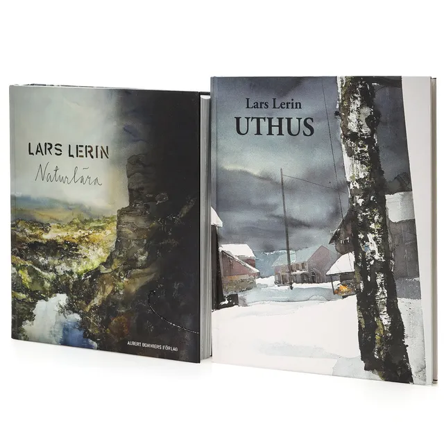 LARS LERIN. Inbundna böcker, 2 st, "Naturnära" samt "Uthus", Akvedukt bokförlag, Albert Bonnier förlag.