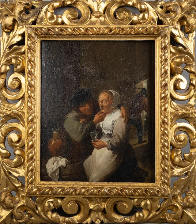 OKÄND KONSTNÄR. Interiör, olja på pannå, 1800-tal.