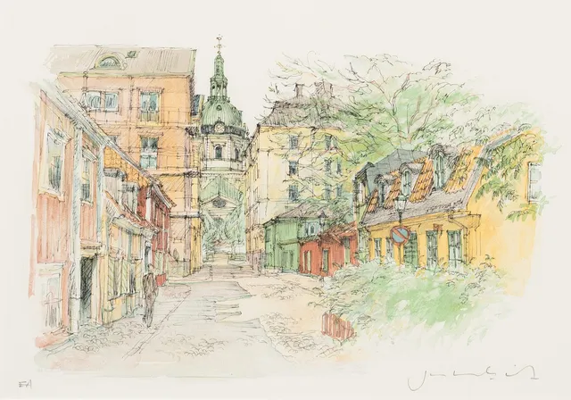 JAN LUNDQUIST (1935-2022). Gustaf Adolfs kyrka, färglitografi, signerad, EA.