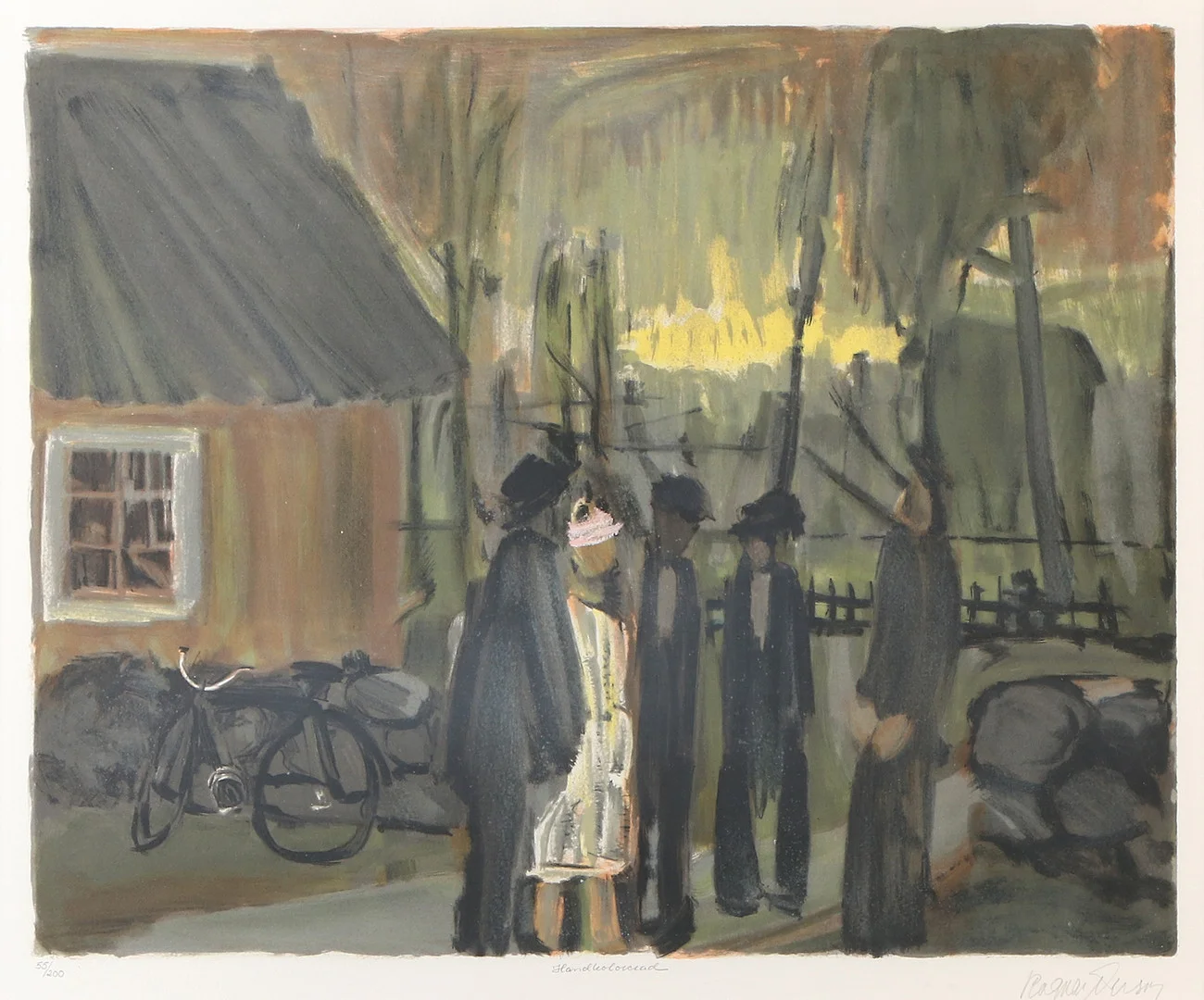 RAGNAR PERSON. Handkolorerad litografi, 55/200. Bymotiv med figurer. Signerad. — Engravings & Prints — Skånes Auktionsverk