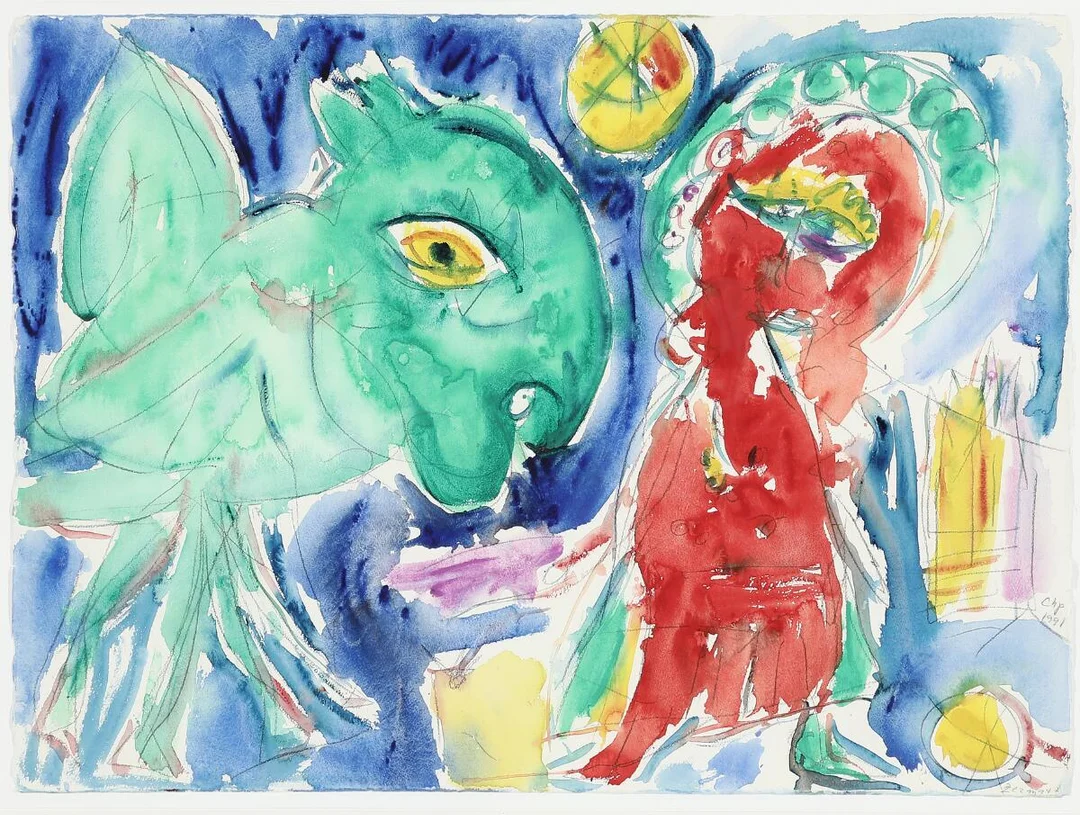 “Det overraskende”, 1991. Signed CHP 1991; signed, titled and dated on the reverse. Watercolour on paper. Sheet size 57×77 cm. — Modern Paintings/CoBrA — Bruun Rasmussen