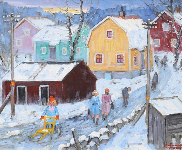 ÅKE WICKSTRÖM. "Vinter-dag i byn. Händelse 1940, olja på duk, signerad.
