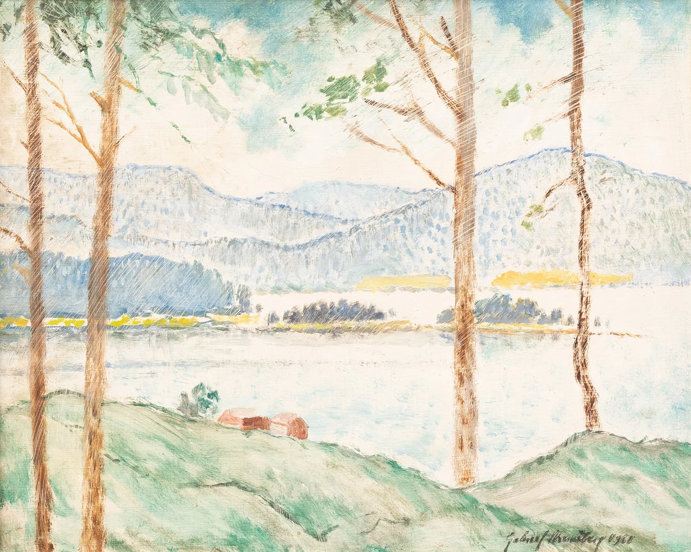 GABRIEL STRANDBERG (1886-1966). Insjölandskap, olja på pannå, signerad och daterad 1961. — Paintings — Garpenhus Auktioner