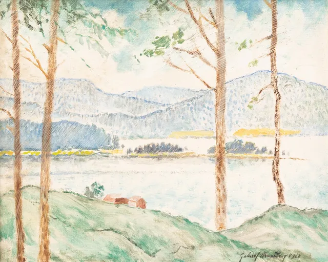 GABRIEL STRANDBERG (1886-1966). Insjölandskap, olja på pannå, signerad och daterad 1961.