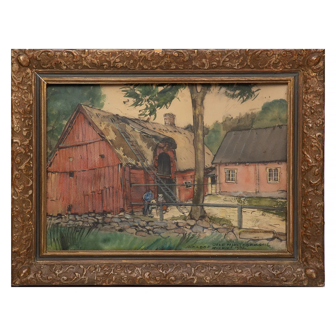 OLLE HJORTZBERG. AKVARELL, signerad och daterad 1932. "Bondgård". — Paintings — Stockholms Auktionsverk Göteborg
