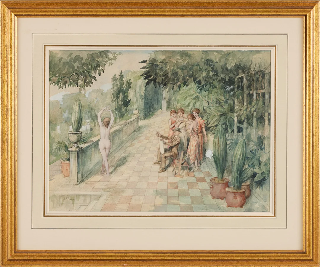 ROBERT HÖGFELDT. Figurscen, akvarell med täckvitt. — Paintings — Stockholms Auktionsverk Magasin 5
