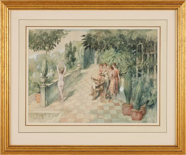 ROBERT HÖGFELDT. Figurscen, akvarell med täckvitt.