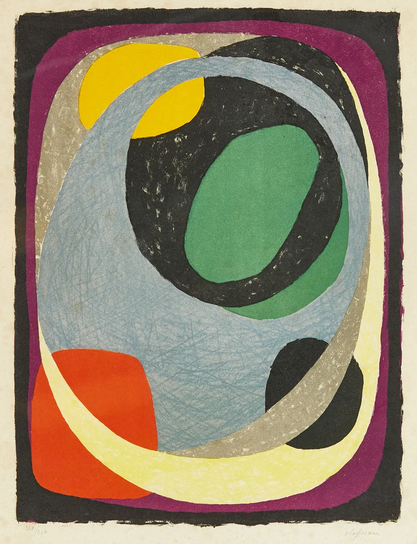 PIERRE OLOFSSON (1921–1996). Komposition, signerad och numrerad 138/260, färglitografi. — Engravings & Prints — Crafoord Auktioner Stockholm