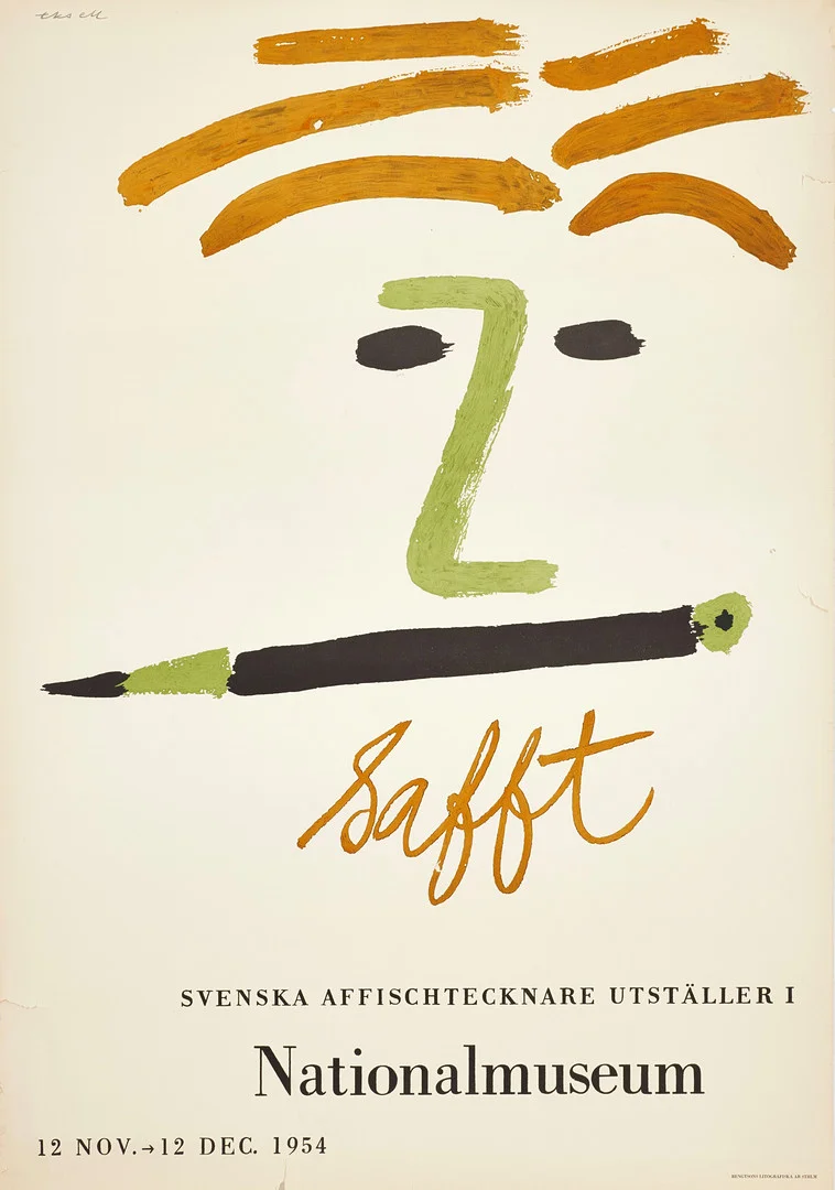 OLE EKSELL. Utställningsaffisch, 1954, Svenska affischtecknare utställer i Nationalmuseum, Bengtssons Litografiska AB. — Engravings & Prints — Crafoord Auktioner Stockholm