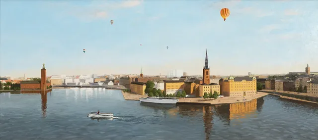 MATS NÖRLE. Stockholmsmotiv med luftballonger, olja på pannå, signerad.