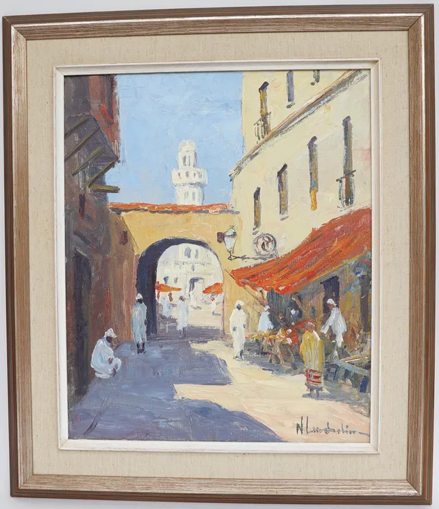 OIDENTIFIERAD KONSTNÄR. Stadsbild med figurer, oljemålning på duk, signerad.