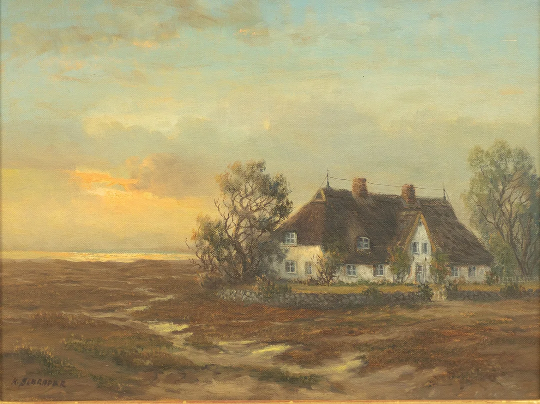 KARLHEINZ SCHRADER (1925-2012). Norddeutsche Küste mit Friesenhaus. — Paintings — Stockholms Auktionsverk Hamburg