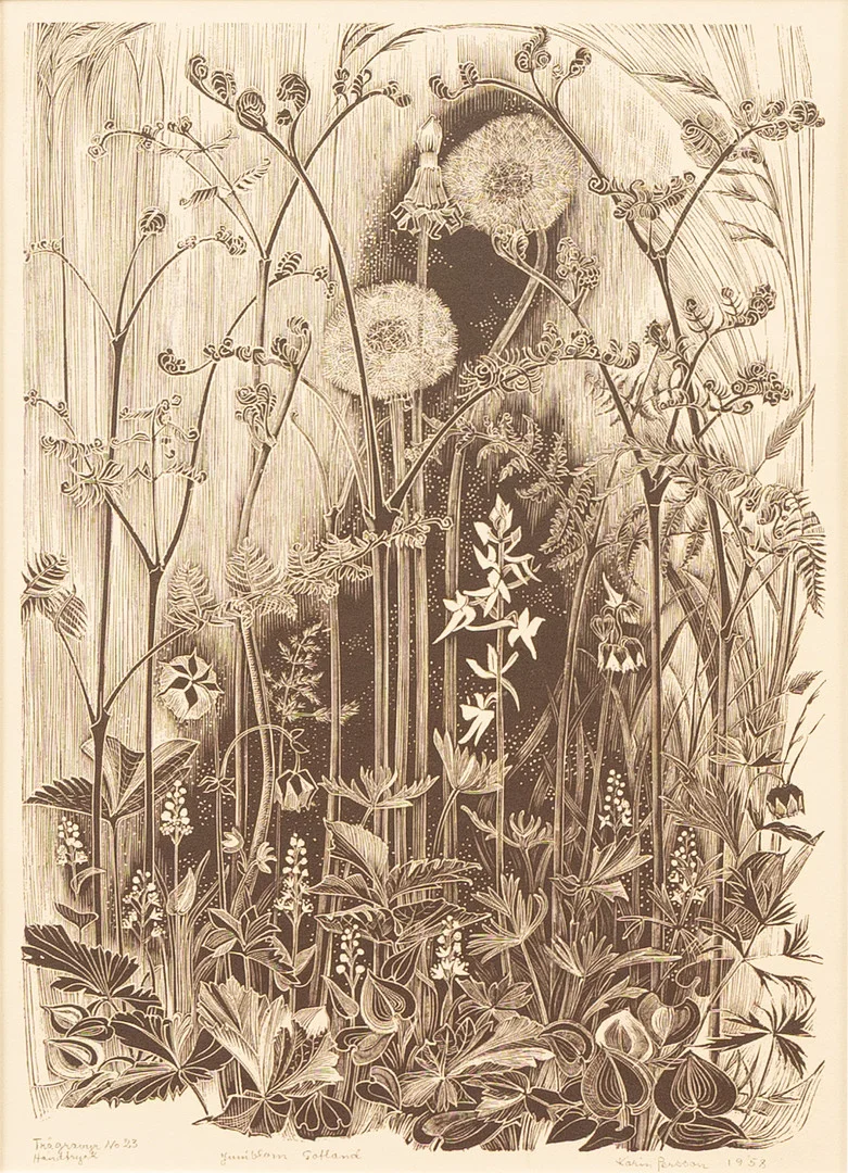 KARIN PERSSON. "Juniblom, Gotland", trägravyr nr 23, signerad och daterad 1958. — Engravings & Prints — Garpenhus Auktioner