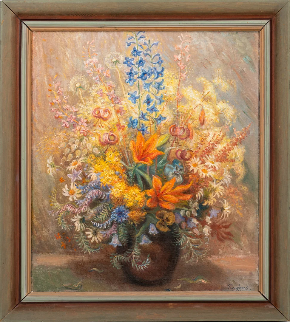 PER-HILDING PERJONS (1911-1998). "Blomstertid", olja på duk, signerad Perjons, daterad 1949. — Paintings — Auktionshuset Kolonn