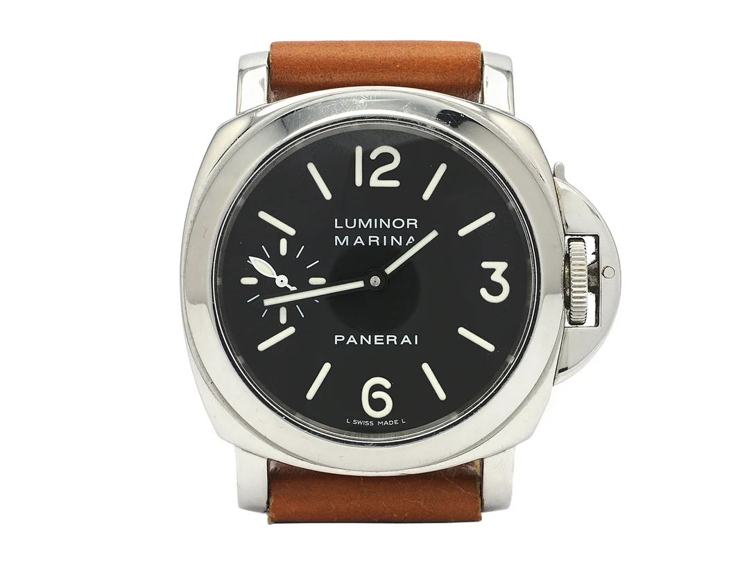 PANERAI, Luminor Marina, Chronometer, Cal OP II (ETA 6497-2), Verk nr. 184313, Serie nr. C2361/4000, Ref nr. PAM 00001, Boett nr. OP 6518 / BB 1006496, herrur, 44 mm, stål, manuell, safirglas, liten sekundvisare, skadad urtavla, gummiband, läderband, originalspänne, cert, augusti 2001, box, ytterkartong. — Klockor/Panerai — Kaplans