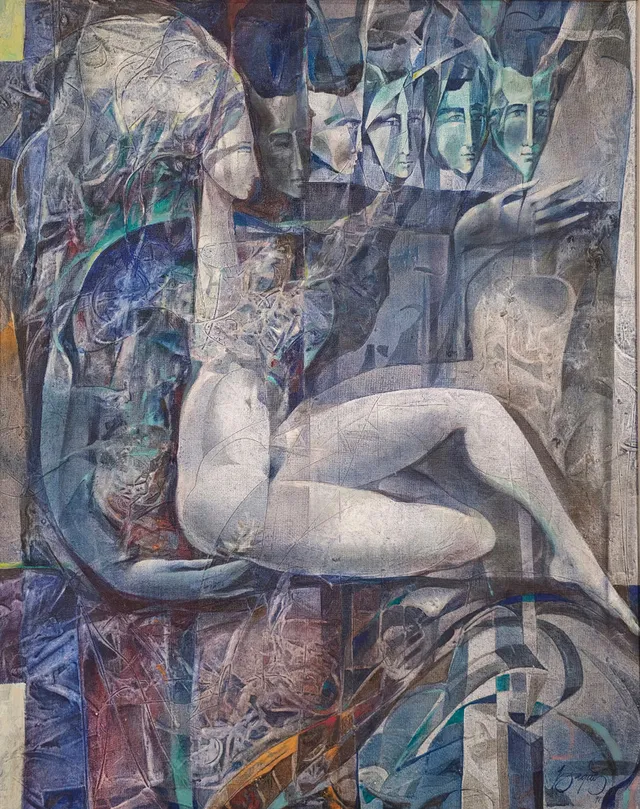 JOSEP BAQUES. "FIGURA Y MASCARA AMB BLAUS". ÓLEO SOBRE LIENZO. 1991.