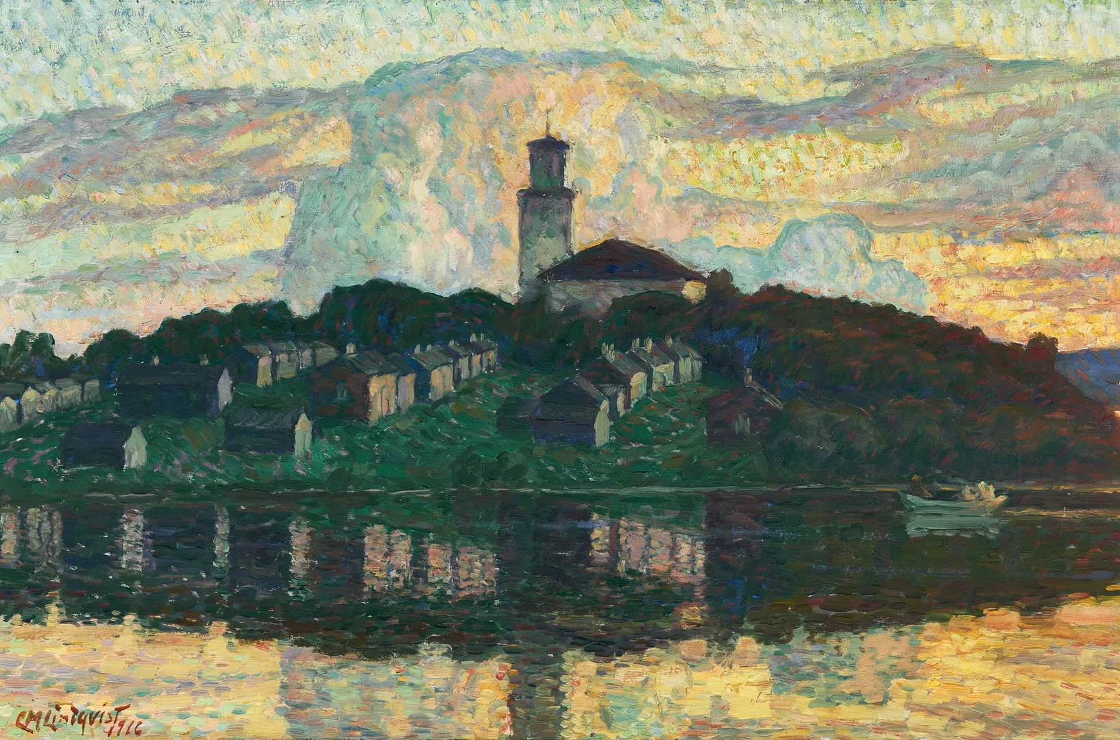 CARL MAGNUS LINDQVIST (1884-1977): By i aftonrodnad, signerad och daterad 1916, olja på duk. — Paintings — Crafoord Auktioner Stockholm