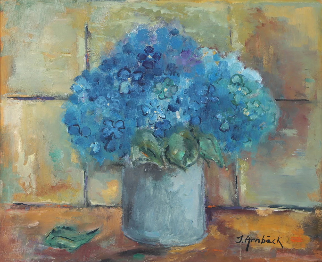 INGA ARNBÄCK. Blomsterstilleben, olja på pannå, signerad I Arnbäck. — Paintings — Helsingborgs Auktionskammare