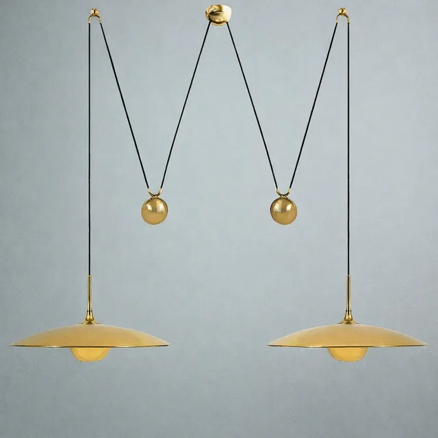 FLORIAN SCHULZ. Pendelleuchte / Deckenlampe, Modell Onos 40, Doppelzug, Messing, Stoff, Deutschland, 1970er Jahre.