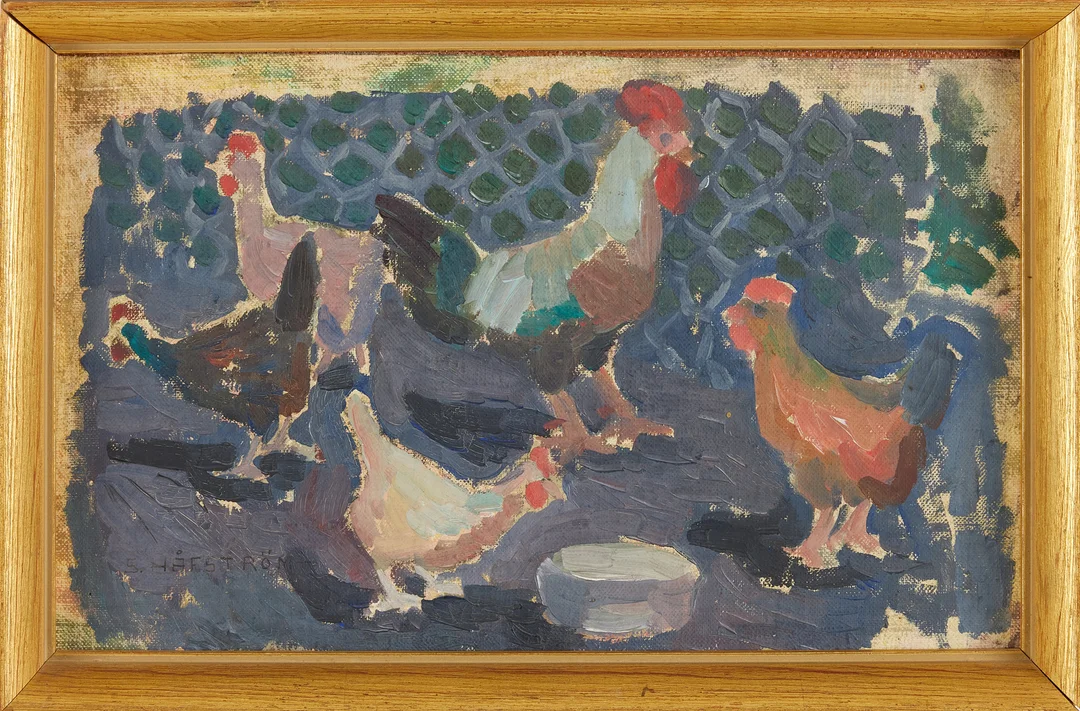 STINA HÅFSTRÖM. Tuppar i hage, olja på duk, dubblerad på pannå, signerad. — Paintings — Stockholms Auktionsverk Sickla