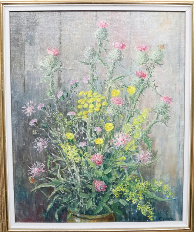 GUNNAR CLOVÉN. Blomsterstilleben med bland annat klöver. Olja på duk, signerad.