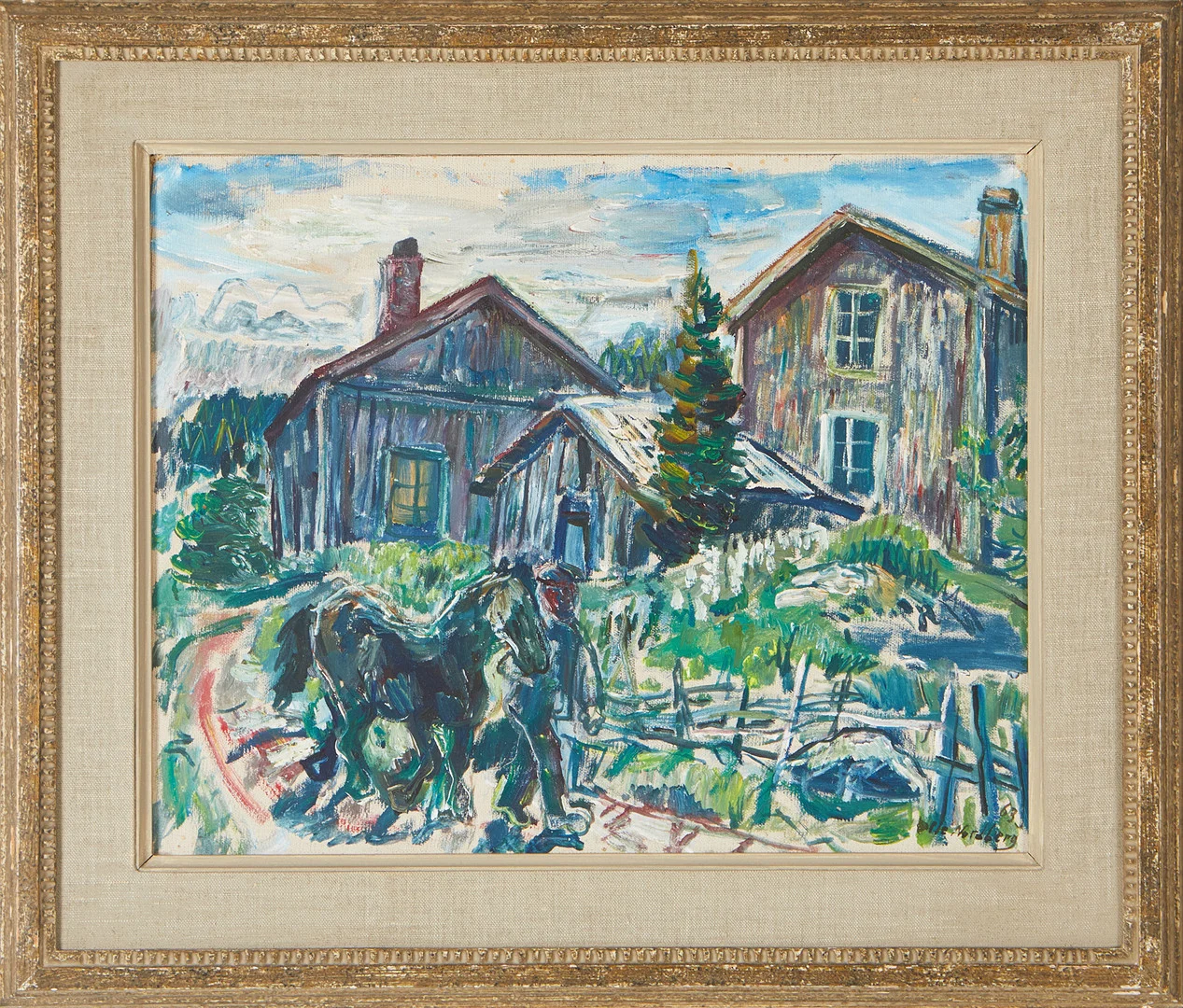 OLLE NORDBERG. Man med häst, olja p pannå, signerad, daterad 63. — Paintings — Stockholms Auktionsverk Magasin 5