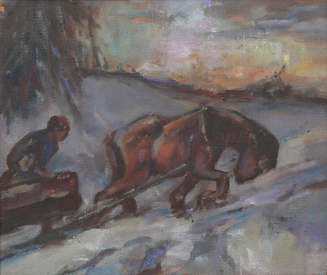 OKÄND KONSTNÄR. Hästsläde vintermotiv, olja på pannå, 1900-talets första hälft. — Paintings — Auktionshuset Thelin & Johansson