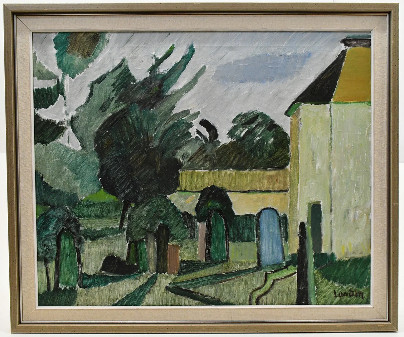 ALVAR LUNDIN. Kyrkan II Grevie, Båstad. Olja på duk. — Paintings — Connoisseur Bokauktioner