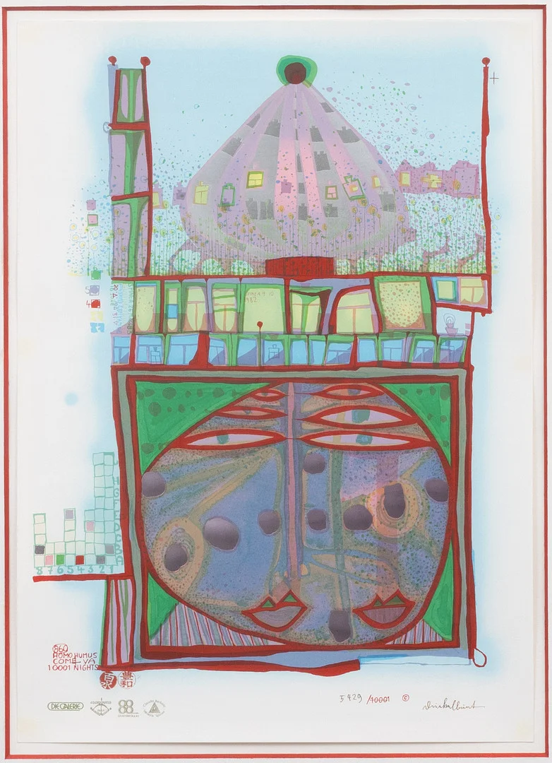 FRIEDENSREICH HUNDERTWASSER. Homo Humus Come - Va 100001 Nights, färgserigrafi, signerad och numrerad 5429/10001. — Engravings & Prints — Garpenhus Auktioner