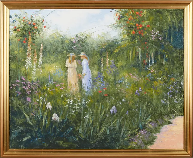 AGNETA AGGE KARLSSON. Flickor på blomsteräng, olja på duk, signerad.