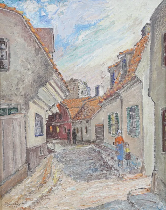 RENÉ HAGSTEDT. Tranhusgatan Visby, olja på duk, signerad.