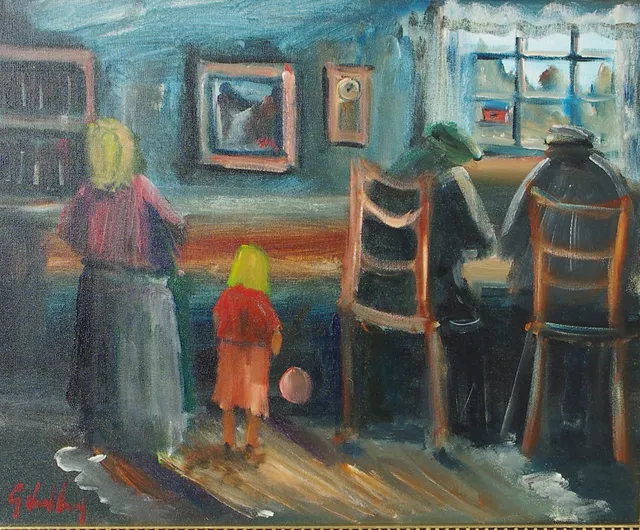 GÖTE LUNDBERG. Interiör med familj, olja på duk, signerad G. Lundberg.