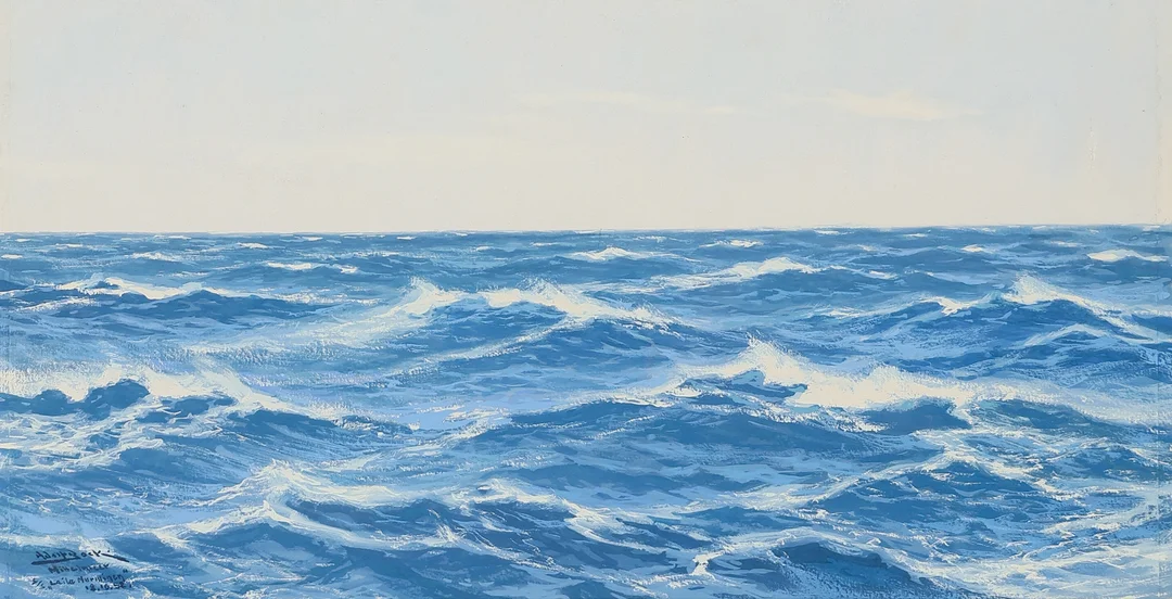 ADOLF BOCK (1890-1968). Bølgemotiv / havudsigt, gouache, signeret og påskrevet Middelhavet S/S Laila Numinen 1952. — Paintings — Palsgaard Kunstauktioner