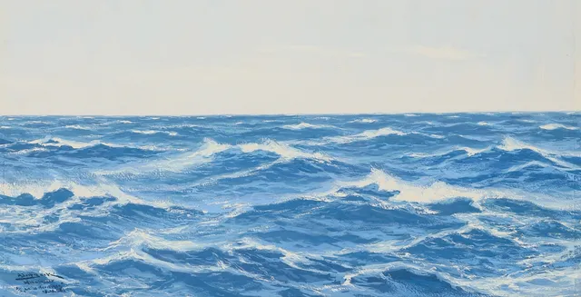 ADOLF BOCK (1890-1968). Bølgemotiv / havudsigt, gouache, signeret og påskrevet Middelhavet S/S Laila Numinen 1952.