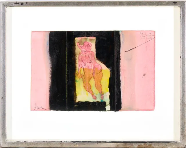 Model. Signed J. Birkemose 15 rue du Dragon 75006 Paris. Watercolour and lacquer paint, collage on paper. Sheet size 17×26 cm.