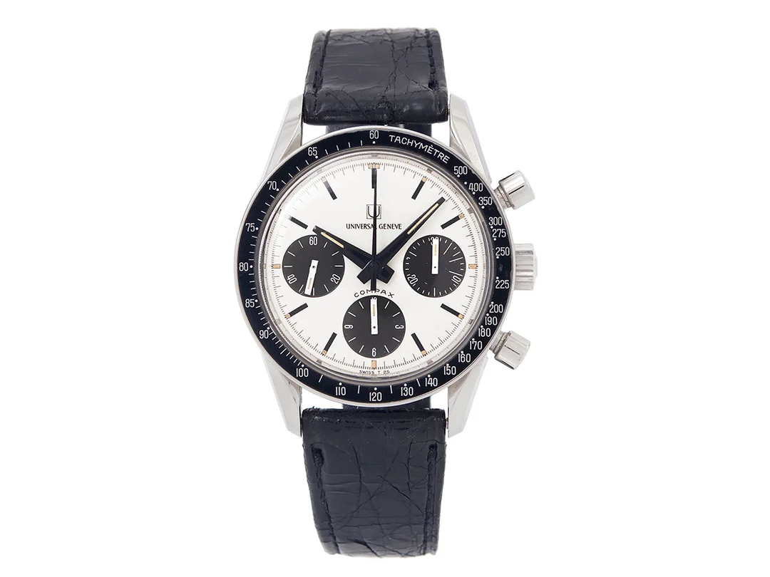 UNIVERSAL Geneve, Compax, s.k. "Nina Rindt", "Tachymètre", Cal Valjoux 72, Serie nr. 2´569´623, Boett nr. 885103/02, kronograf, armbandsur, 36 mm, stål, manuell, plexiglas (original), läderband, originalspänne, ca 1967, box. — Klockor/Universal — Kaplans