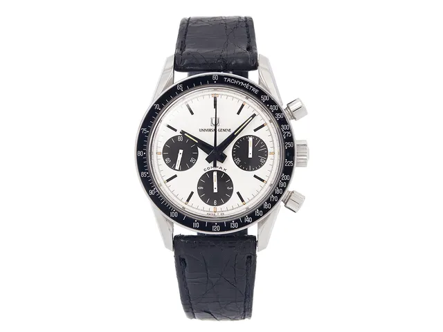 UNIVERSAL Geneve, Compax, s.k. "Nina Rindt", "Tachymètre", Cal Valjoux 72, Serie nr. 2´569´623, Boett nr. 885103/02, kronograf, armbandsur, 36 mm, stål, manuell, plexiglas (original), läderband, originalspänne, ca 1967, box.