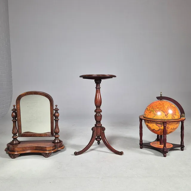 TABLE GLOBE DRINKS CABINET, VICTORIAN MAHOGANY TRIPOD TABLE AND VICTORIAN DRESSING MIRROR (3).