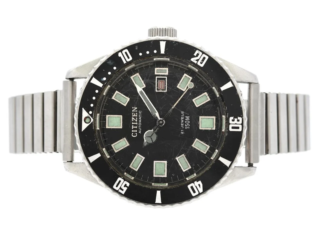 CITIZEN, Challenge Diver, "150M", Cal 6001, Serie nr. 41211731, Boett nr. 4-600851 Y / 62-6198, herrur, 40,5 mm, stål, automatisk, mineralglas, datum, skadad urtavla, ca 1974, metallänk ej original. — Klockor/Citizen — Kaplans