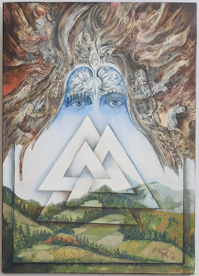 JERZY PRZYBYL. "Evighetens skyd", olja på träpannå, signerad och daterad 1986.