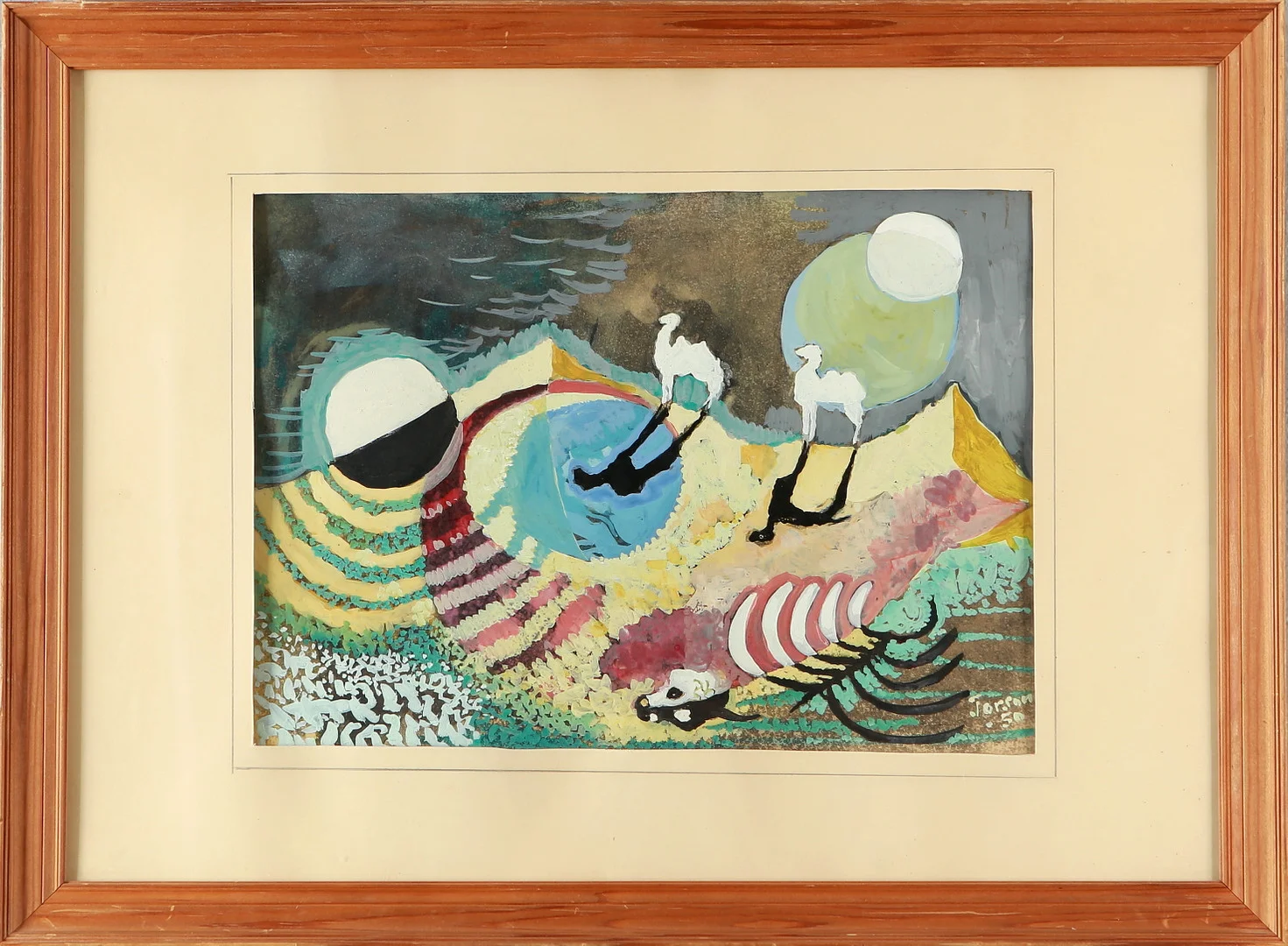 OIDENTIFIERAD KONSTNÄR. Komposition med ökenlandskap, gouache, signerad och daterad -50. — Paintings — Auktionshuset Kolonn