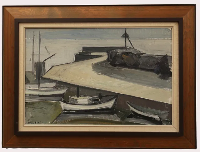 ALLAN ERWÖ. Olja på duk, båtar i hamn, signerad.