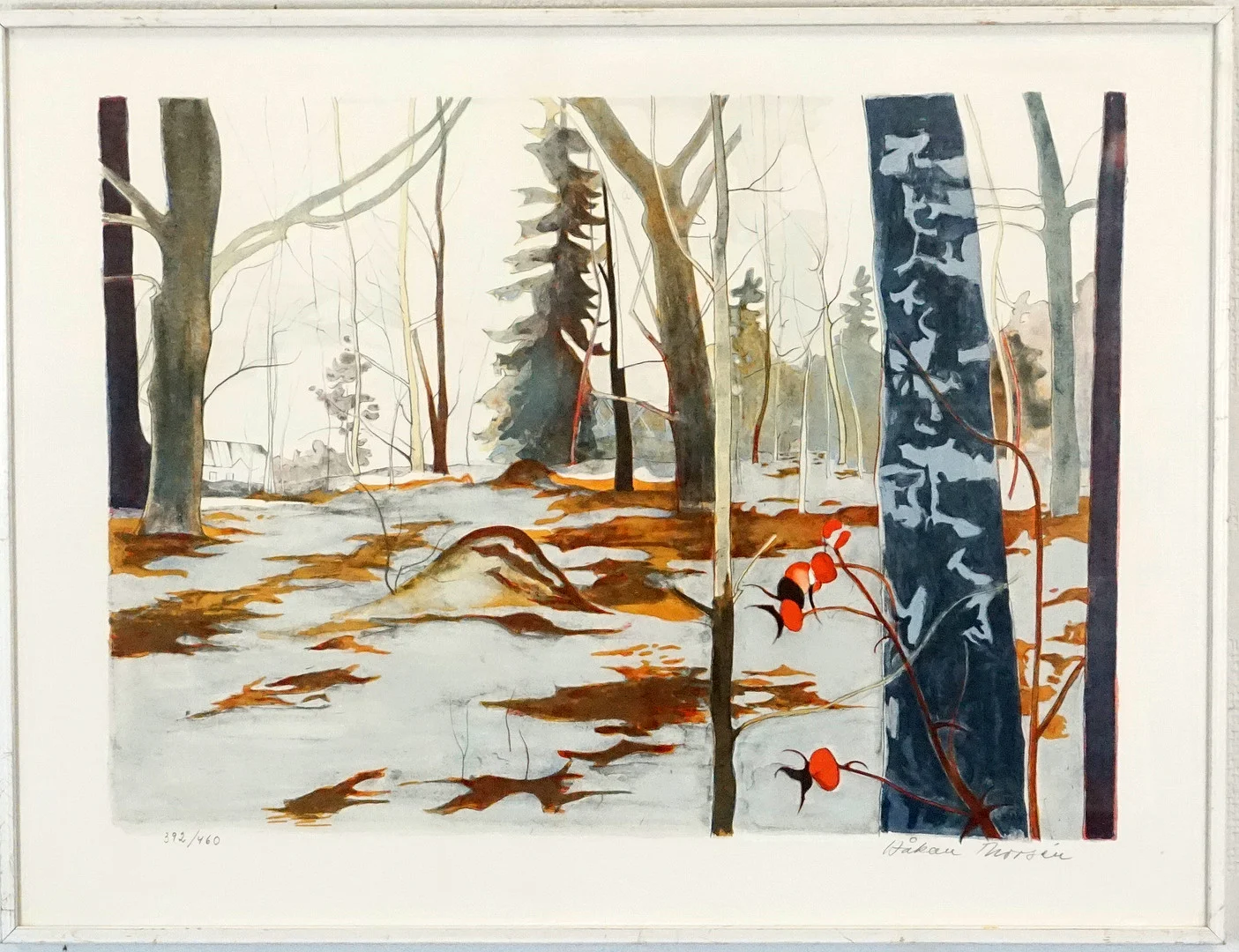HÅKAN THORSÉN (1928 - 1982), färglitografi, nypon bland träden, signerad samt numrerad 392/460. — Engravings & Prints — Roslagens Auktionsverk