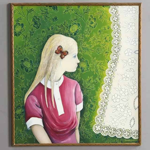 GUNDA ERIKSON (1932-2022). BLANDTEKNIK PÅ DUK, "Sommarflicka", signerad.