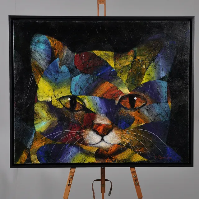 MICHAEL QVARSEBO. kamouflerad katt, olja på duk, signerad, daterad - 2018. 81 x 100.