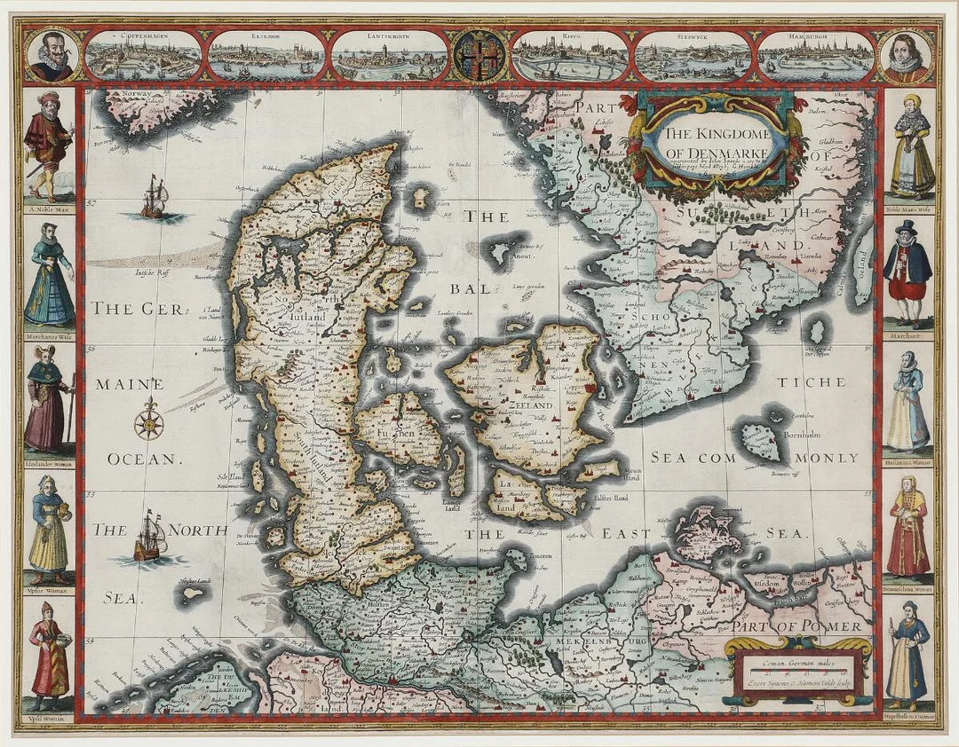 John Speed: “The Kingdom of Denmarke”. 1626. Handcoloured engraving. Visible size 39×50 cm. — Prints & Drawings — Bruun Rasmussen