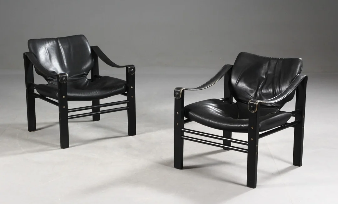 Skippers Møbler. Par safaristole, sort læder, 1980'erne — Furniture/Lounge chairs — Lauritz