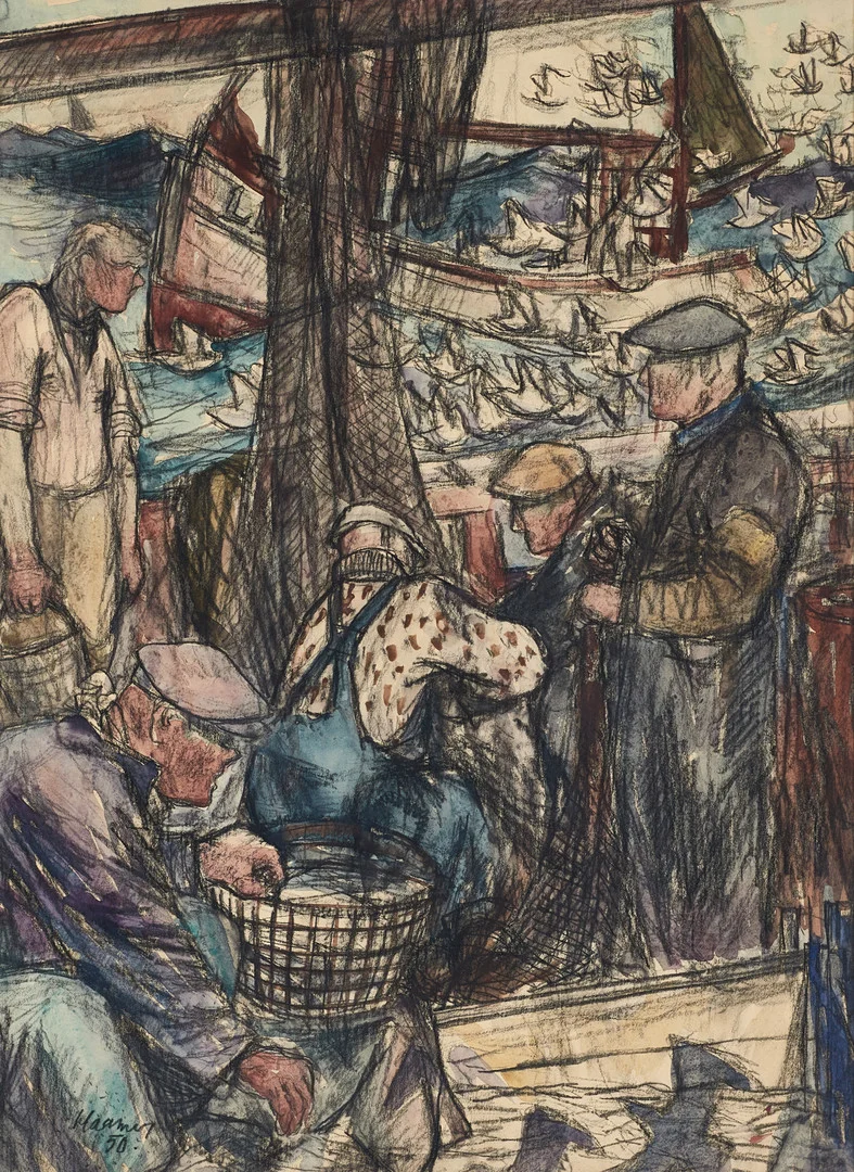 ERIK HAAMER (Estland 1908-1994 Sverige), Fiskare till havs, signerad och daterad Haamer -50, blandteknik på papper. — Paintings — Crafoord Auktioner Stockholm